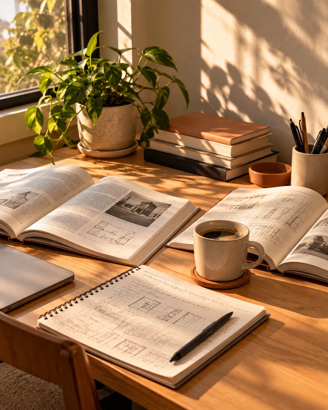 Escritorio con libros abiertos y una planta, iluminado por la luz de la tarde